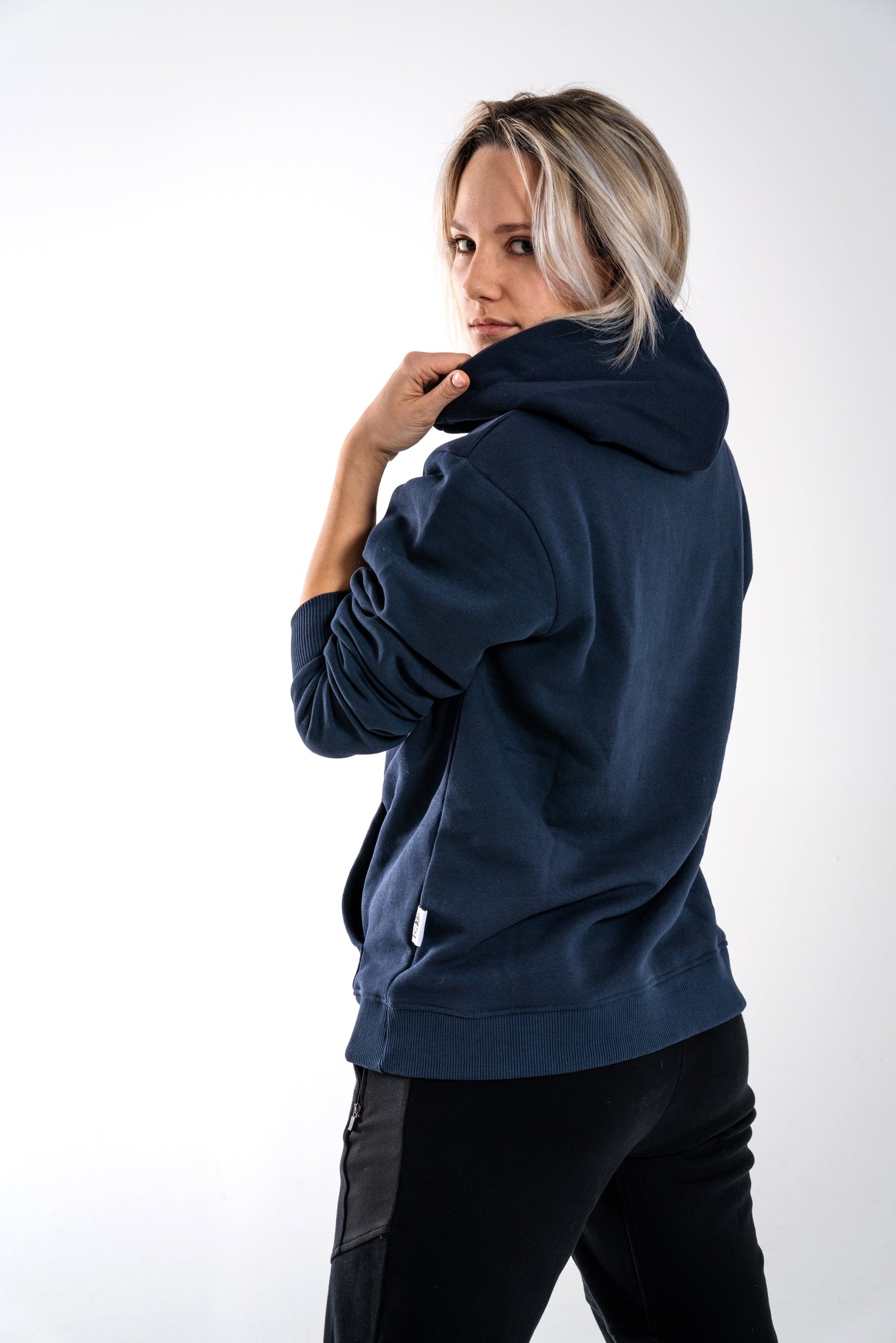 BIG Berlin Navy Hoodie - Side View Female Model